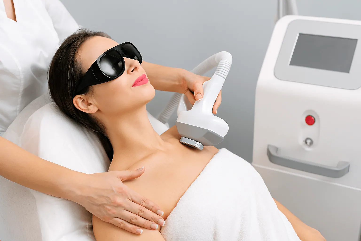 Woman receiving professional laser skin treatment in a modern aesthetics clinic at PSL Health Center