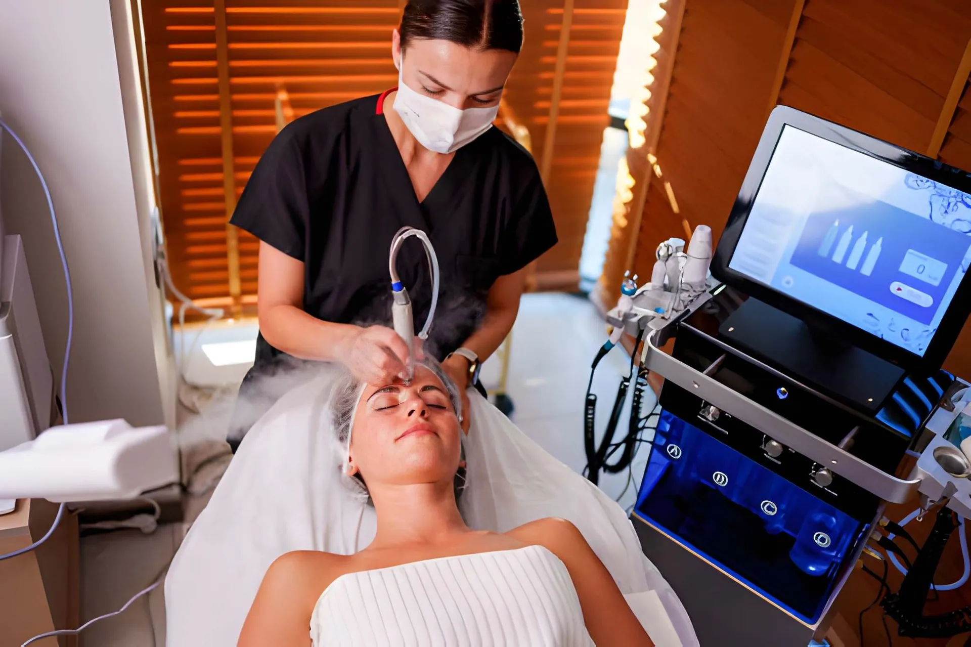 Aesthetician performing facial mist therapy—Laser and aesthetics treatment using advanced skincare device