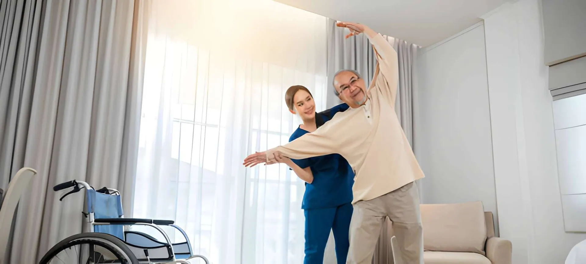 Physical therapy Port St Lucie Florida—caregiver assists elderly patient with stretching exercise.