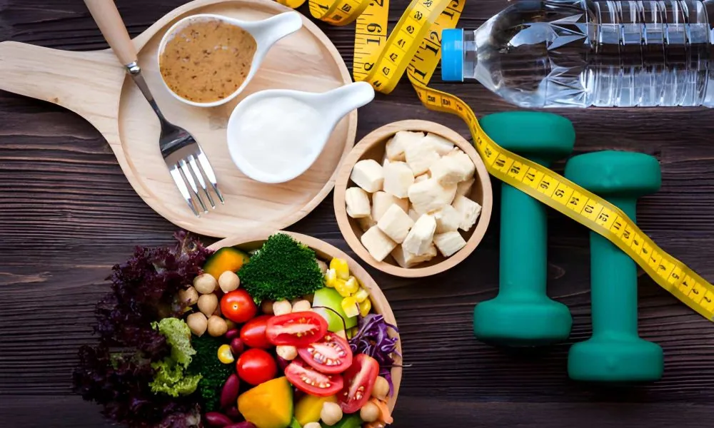 Medical weight loss Stuart FL visual with fresh vegetables, dumbbells, and measuring tape for balanced wellness.
